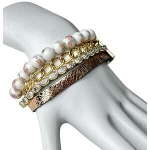 Victoria Emerson Bracelet Rhinestones White Faux Pearls Multi Strand Gold Tone